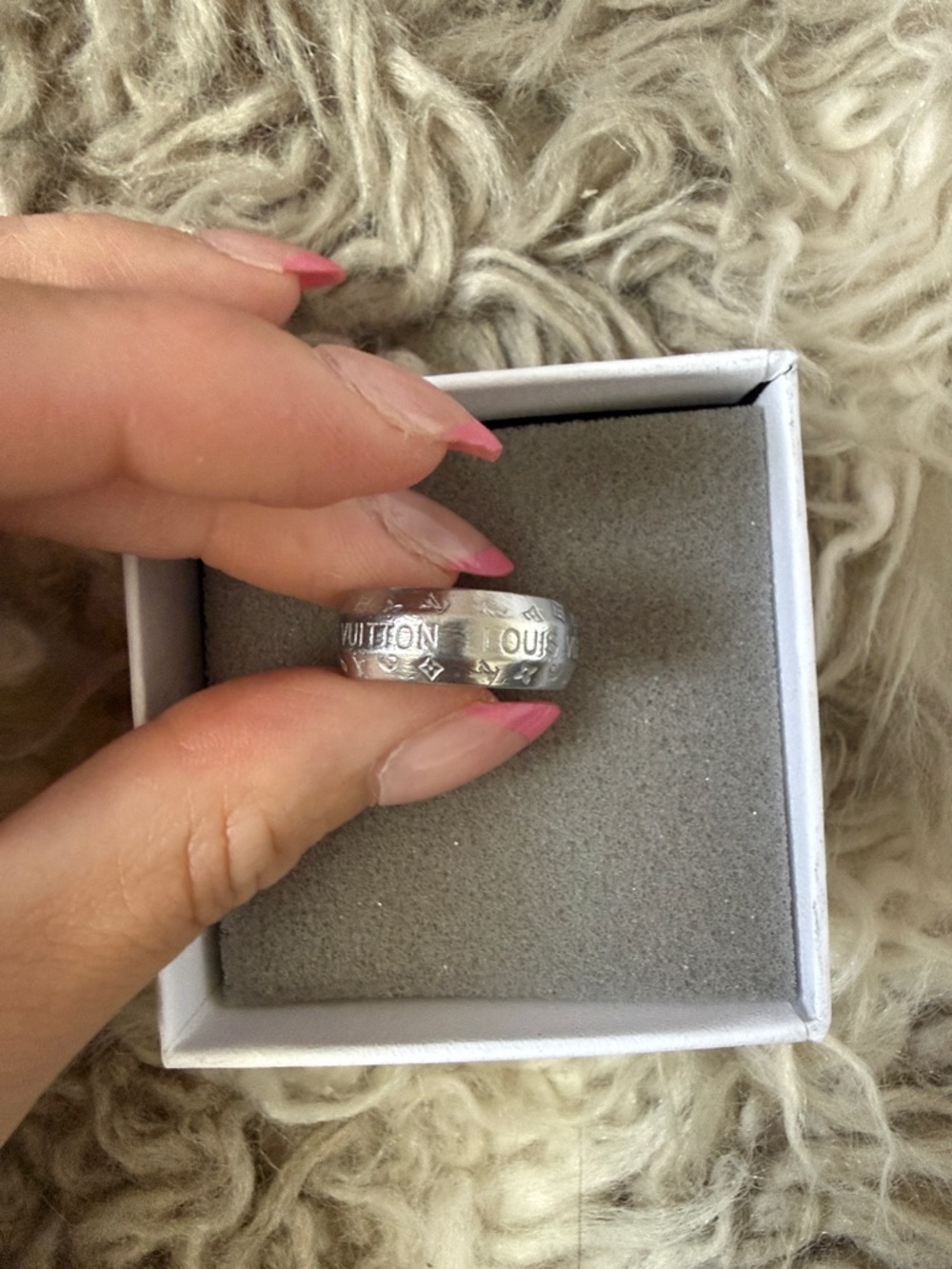 LV Silver Monogram Engraved Band Ring